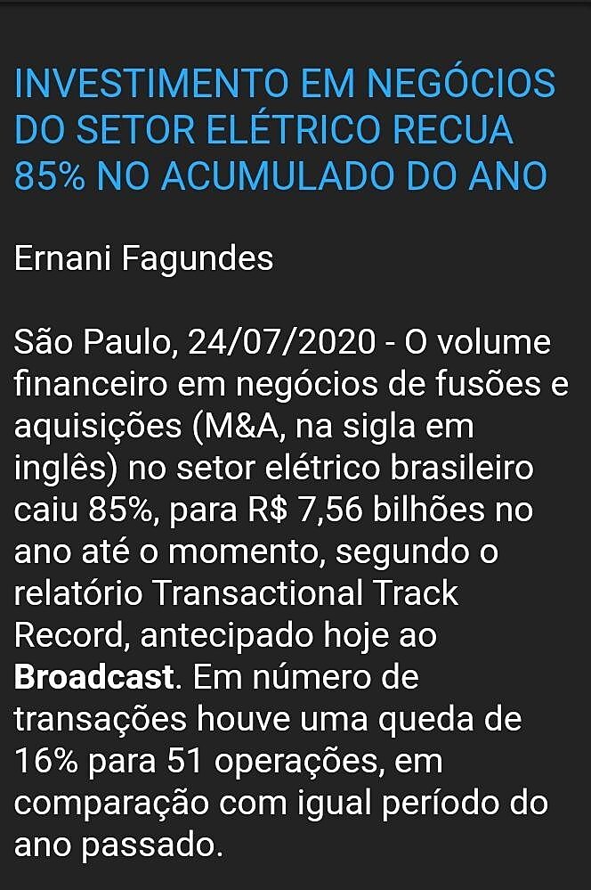 Investimento em negcios do setor eltrico recua 85% no acumulado do ano